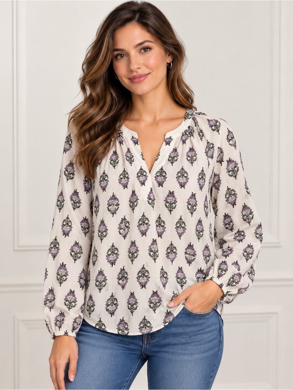J. Crew Cream Floral V-Slit Long-Sleeve Blouse